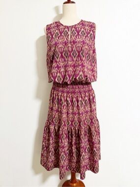 Lauren Ralph Lauren Purple Ikat Smocked Waist Tiered Midi Dress Size L